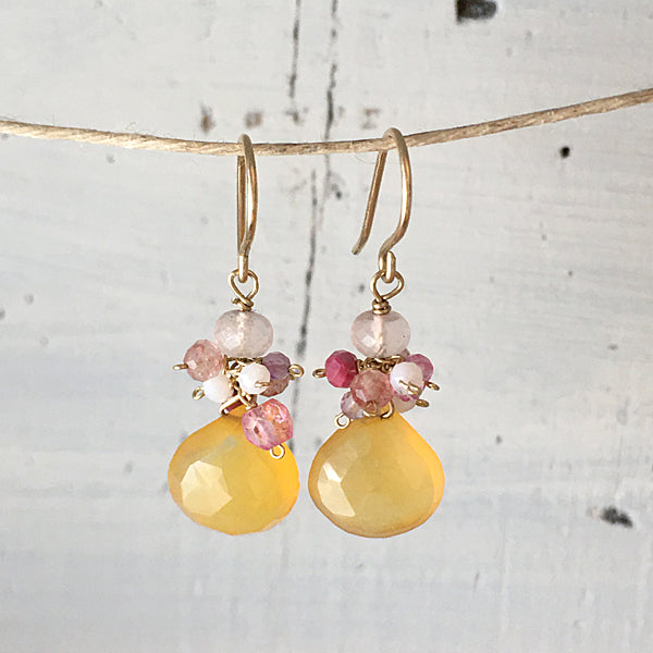 Petit Bouquet Earrings with Canary Yellow Chalcedony and Pink Gemstones  - 14KGF