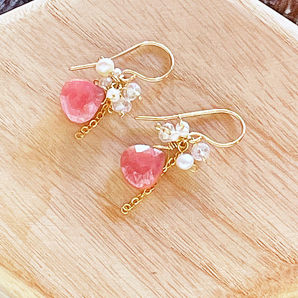 Coated Pink Moonstone and Pearl Petit Earrings   - 14KGF