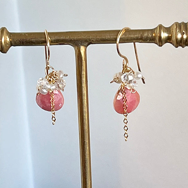 Coated Pink Moonstone and Pearl Petit Earrings   - 14KGF