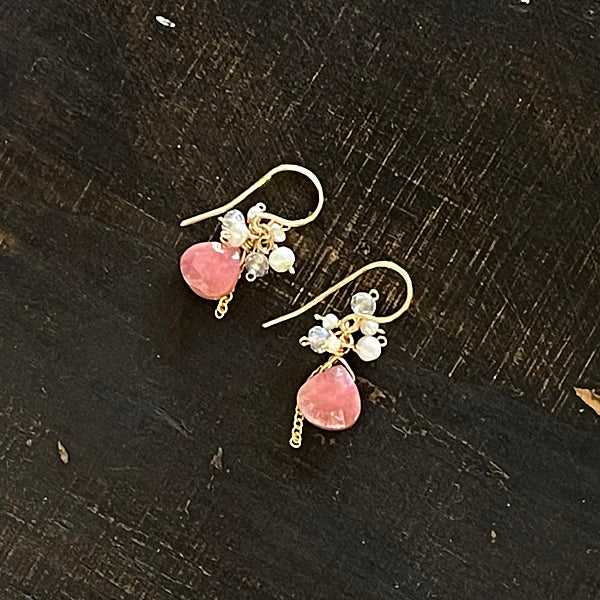 Coated Pink Moonstone and Pearl Petit Earrings   - 14KGF