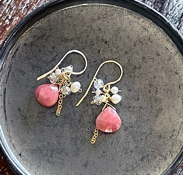 Coated Pink Moonstone and Pearl Petit Earrings   - 14KGF