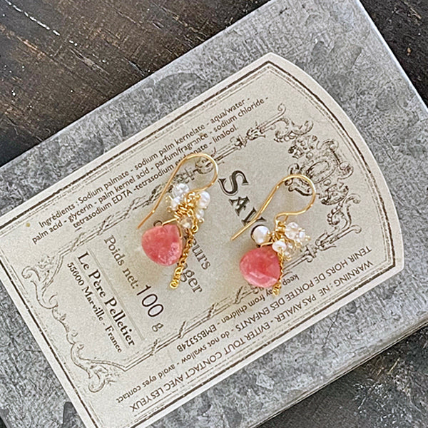 Coated Pink Moonstone and Pearl Petit Earrings   - 14KGF