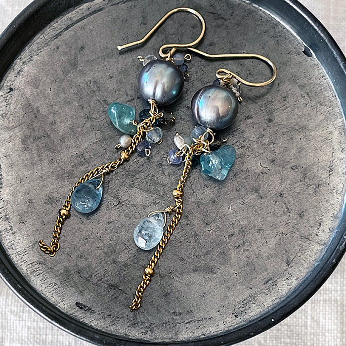 Metalic Gray Pearl with Blue Gemstones Cascade Earrings  - 14KGF