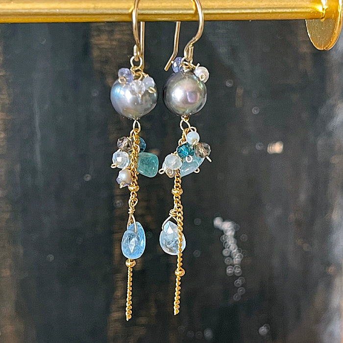 Metalic Gray Pearl with Blue Gemstones Cascade Earrings  - 14KGF