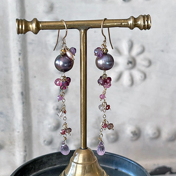 Mauve Pearl with Pink Gemstones Cascade Earrings  - 14KGF