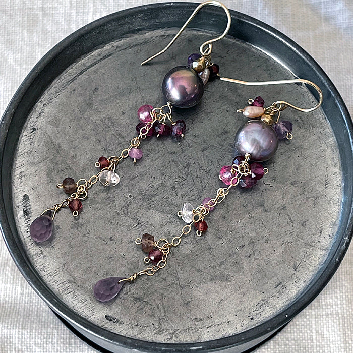 Mauve Pearl with Pink Gemstones Cascade Earrings  - 14KGF