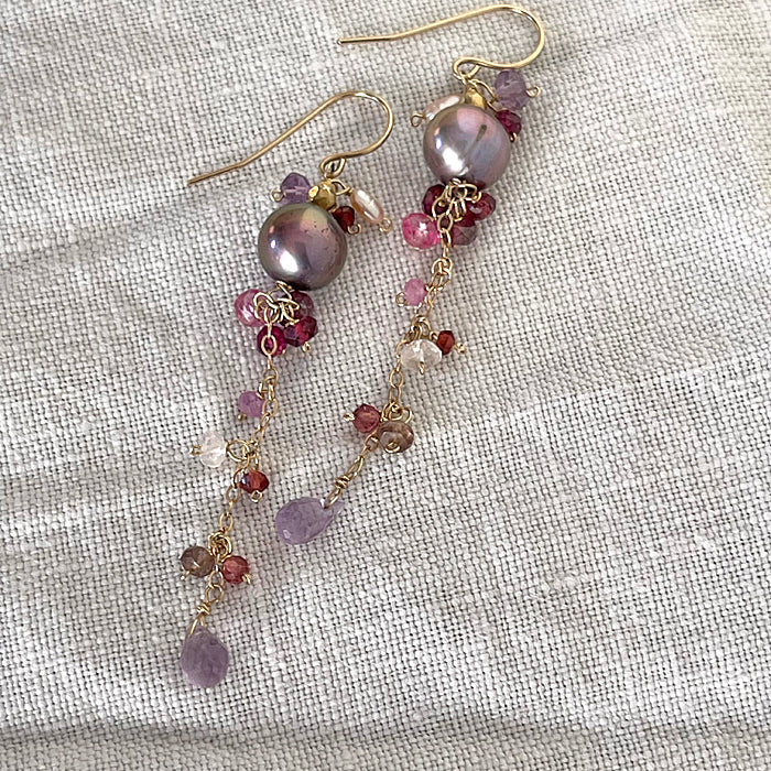 Mauve Pearl with Pink Gemstones Cascade Earrings  - 14KGF