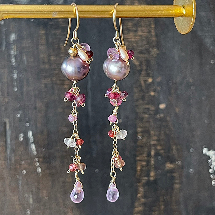 Mauve Pearl with Pink Gemstones Cascade Earrings  - 14KGF