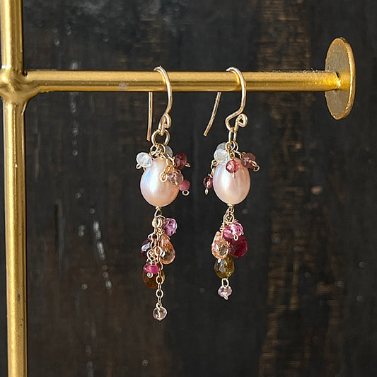 Dusty Pink Pearl with Red and Pink Gemstones Cascade Earrings  - 14KGF
