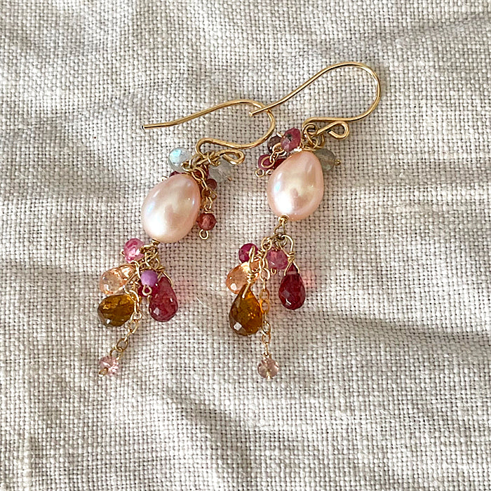 Dusty Pink Pearl with Red and Pink Gemstones Cascade Earrings  - 14KGF