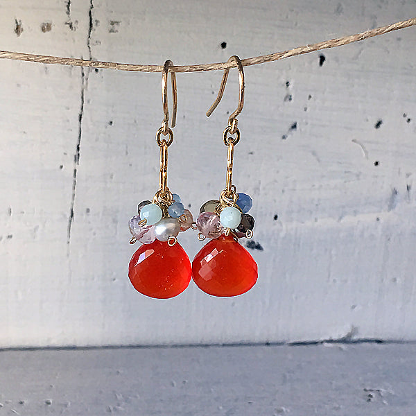 Bright Orange Carnelian with Lavender and Blue Gemstone Chain Earrings  - 14KGF