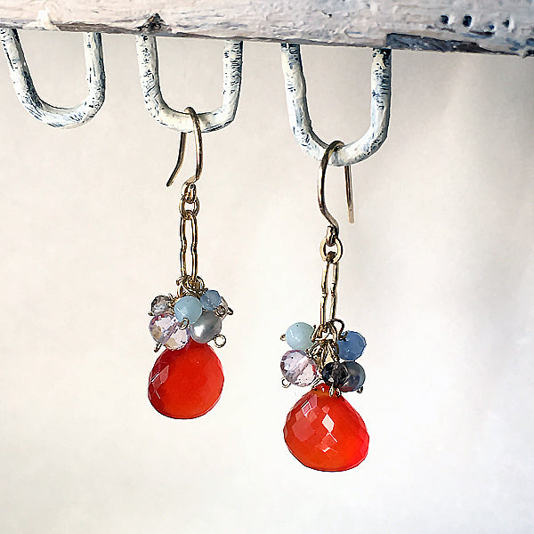 Bright Orange Carnelian with Lavender and Blue Gemstone Chain Earrings  - 14KGF