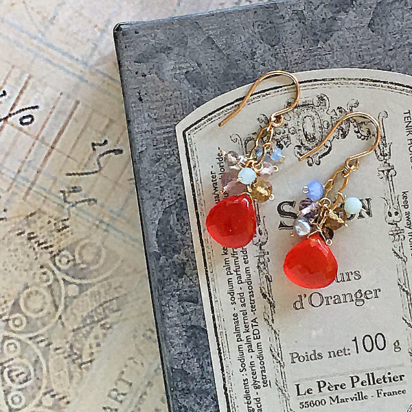 Bright Orange Carnelian with Lavender and Blue Gemstone Chain Earrings  - 14KGF