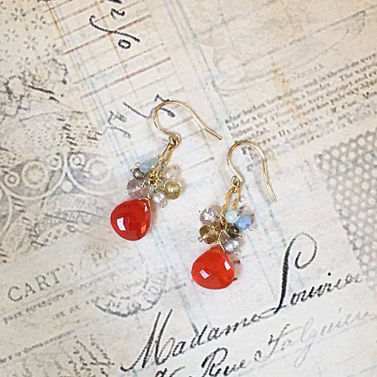 Bright Orange Carnelian with Lavender and Blue Gemstone Chain Earrings  - 14KGF