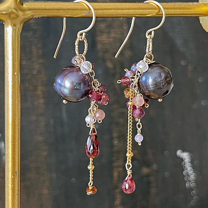 Charcoal Pearl with Garnet and Gold Chain Earrings  - 14KGF