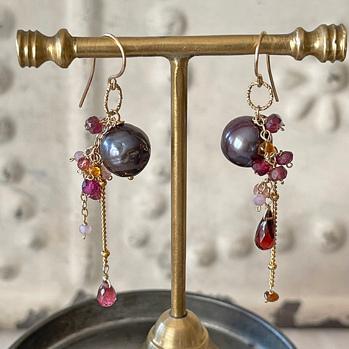 Charcoal Pearl with Garnet and Gold Chain Earrings  - 14KGF