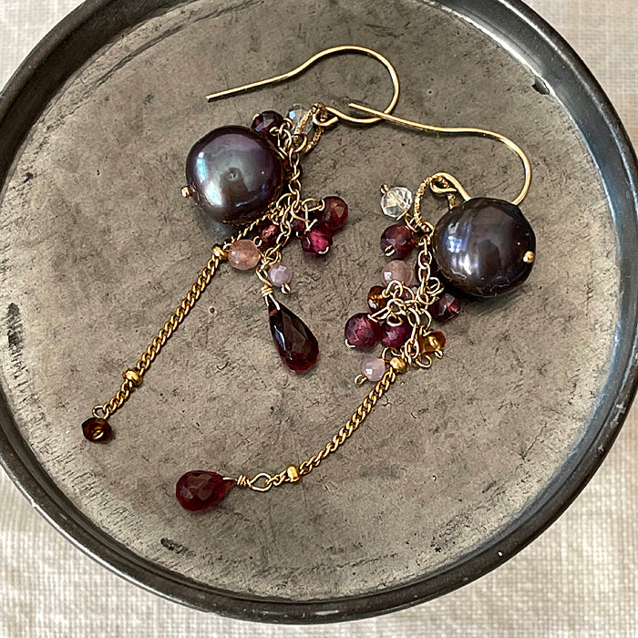 Charcoal Pearl with Garnet and Gold Chain Earrings  - 14KGF