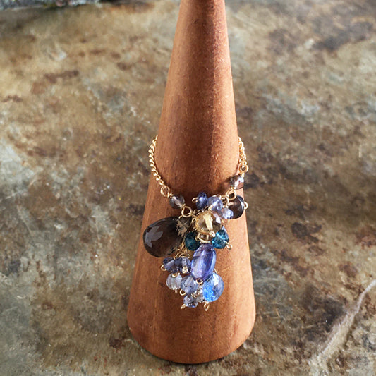 Slide Ball Chain Ring with Mystic Kyanite, Smoky Quartz and Tanzanite  - 14KGF
