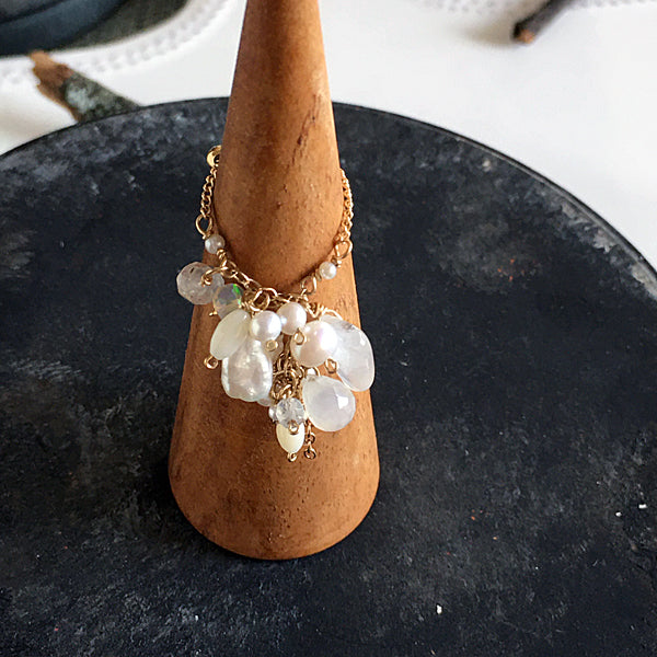 Slide Ball Chain Ring with Moonstone, Pearls and Ethiopian Opal - 14KGF