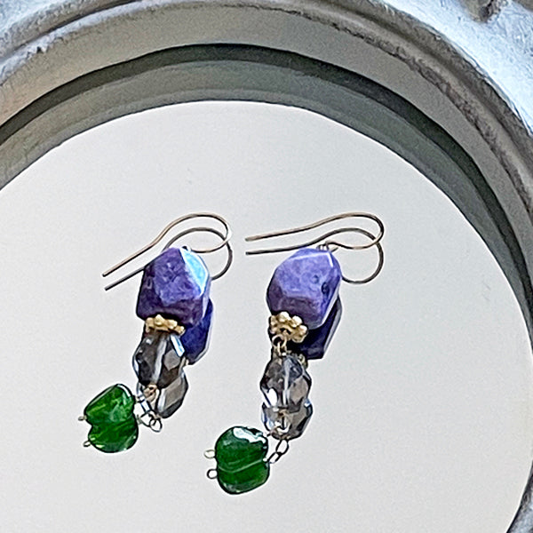 Charoite and Green, Brown Gemstones Earrings, Purple and Brown Earrings  - 14KGF