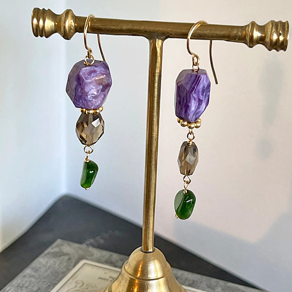 Charoite and Green, Brown Gemstones Earrings, Purple and Brown Earrings  - 14KGF