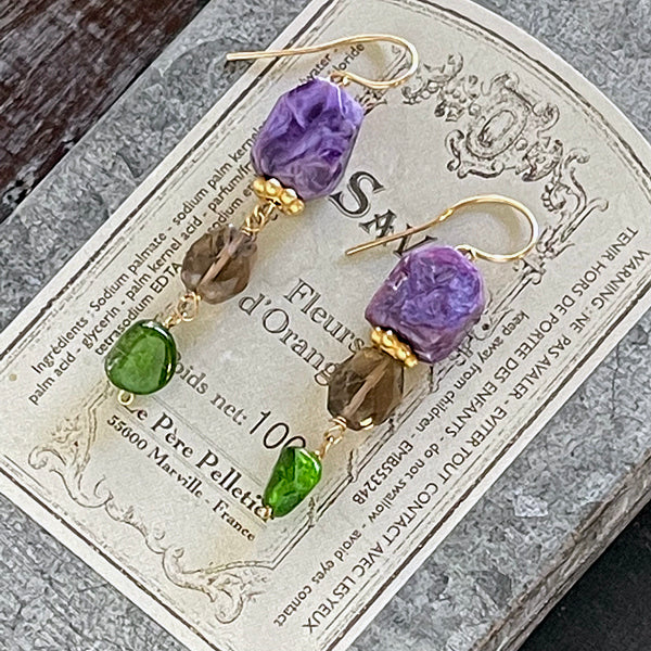 Charoite and Green, Brown Gemstones Earrings, Purple and Brown Earrings  - 14KGF