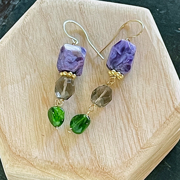 Charoite and Green, Brown Gemstones Earrings, Purple and Brown Earrings  - 14KGF