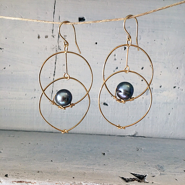 Gold Filled Double Link with Gray Pearl Earrings - 14KGF