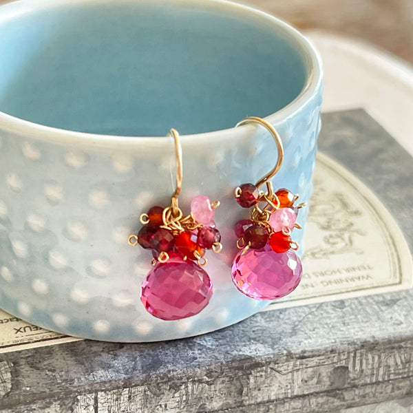 Fuchsia Pink Quartz and Pink Gemstones Barbie Core Earrings   - 14KGF
