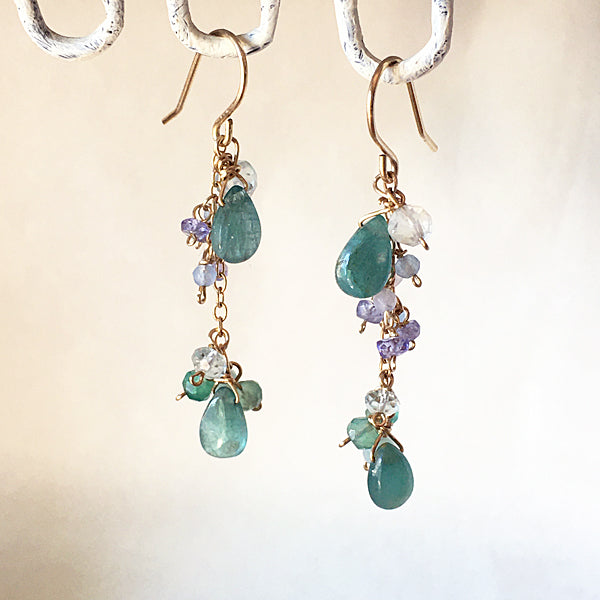 Grandidierite with tanzanite chain earrings - 14KGF