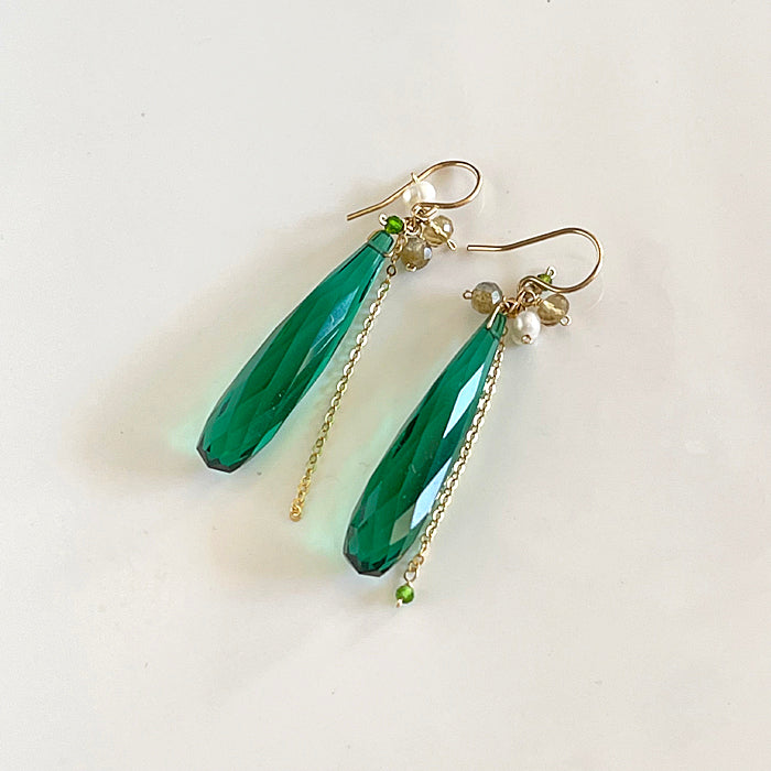 Green Quartz with Gold Filled Chain Earrings