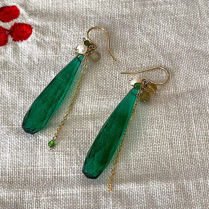 Green Quartz with Gold Filled Chain Earrings