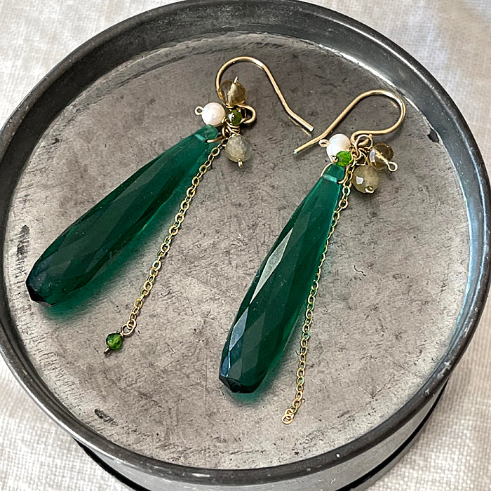 Green Quartz with Gold Filled Chain Earrings