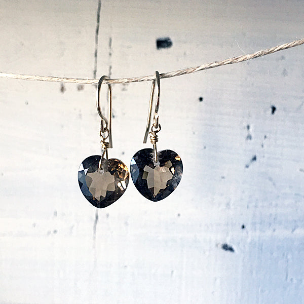 Smoky Quartz Heart Cut Dangle Earrings 14KGF