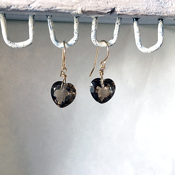 Smoky Quartz Heart Cut Dangle Earrings 14KGF