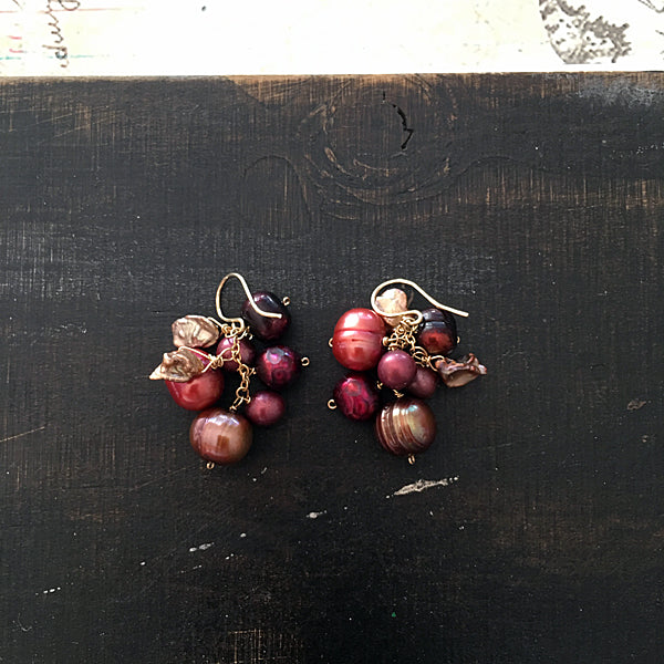 Berry Color Freshwater Pearl Cluster Earrings  -  14KGF