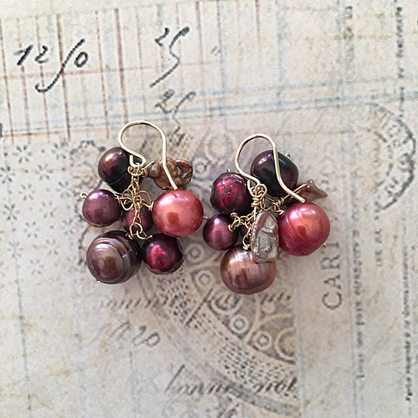 Berry Color Freshwater Pearl Cluster Earrings  -  14KGF