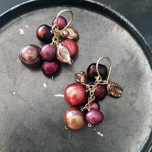 Berry Color Freshwater Pearl Cluster Earrings  -  14KGF