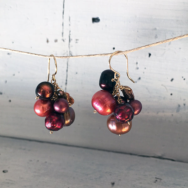 Berry Color Freshwater Pearl Cluster Earrings  -  14KGF