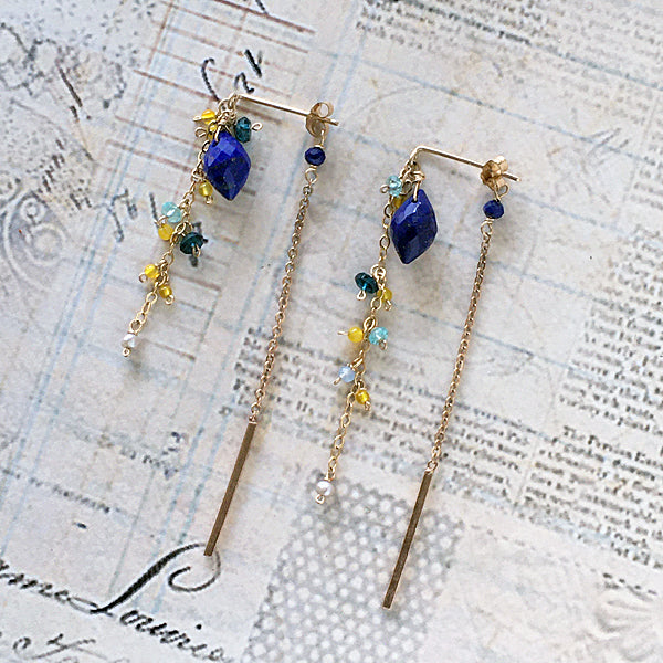 Lapis lazuli and yellow gemstones chain asymmetric earrings - 14KGF