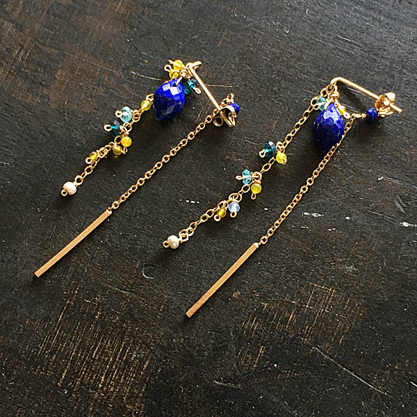 Lapis lazuli and yellow gemstones chain asymmetric earrings - 14KGF