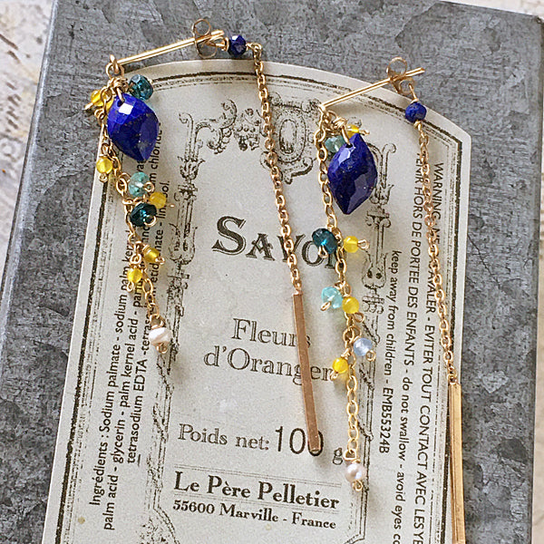 Lapis lazuli and yellow gemstones chain asymmetric earrings - 14KGF