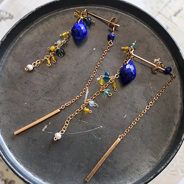 Lapis lazuli and yellow gemstones chain asymmetric earrings - 14KGF