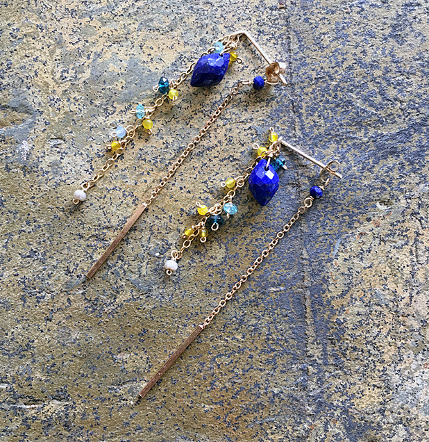 Lapis lazuli and yellow gemstones chain asymmetric earrings - 14KGF