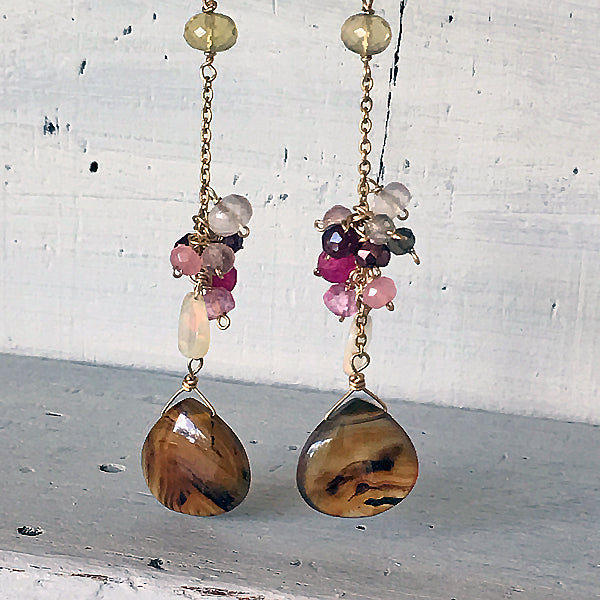 Montana Agate with Pink Gemstones Chain Earrings - 14KGF