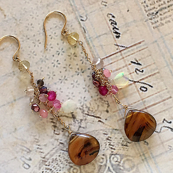 Montana Agate with Pink Gemstones Chain Earrings - 14KGF