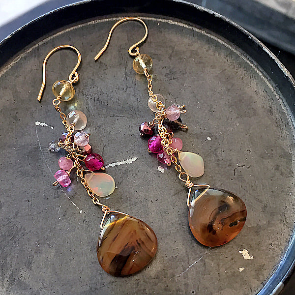 Montana Agate with Pink Gemstones Chain Earrings - 14KGF