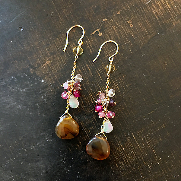 Montana Agate with Pink Gemstones Chain Earrings - 14KGF