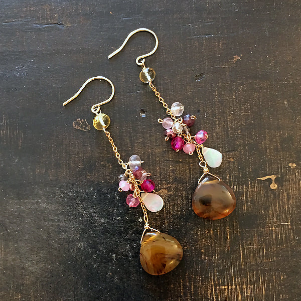 Montana Agate with Pink Gemstones Chain Earrings - 14KGF