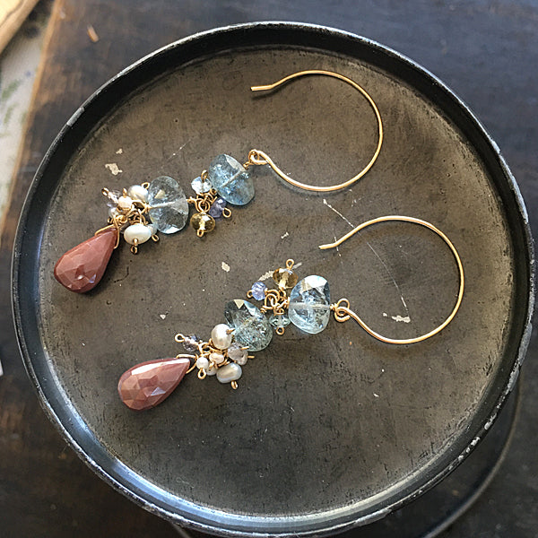 Moss Aquamarine with Chocolate Moonstone Dangle Earrings - 14KGF